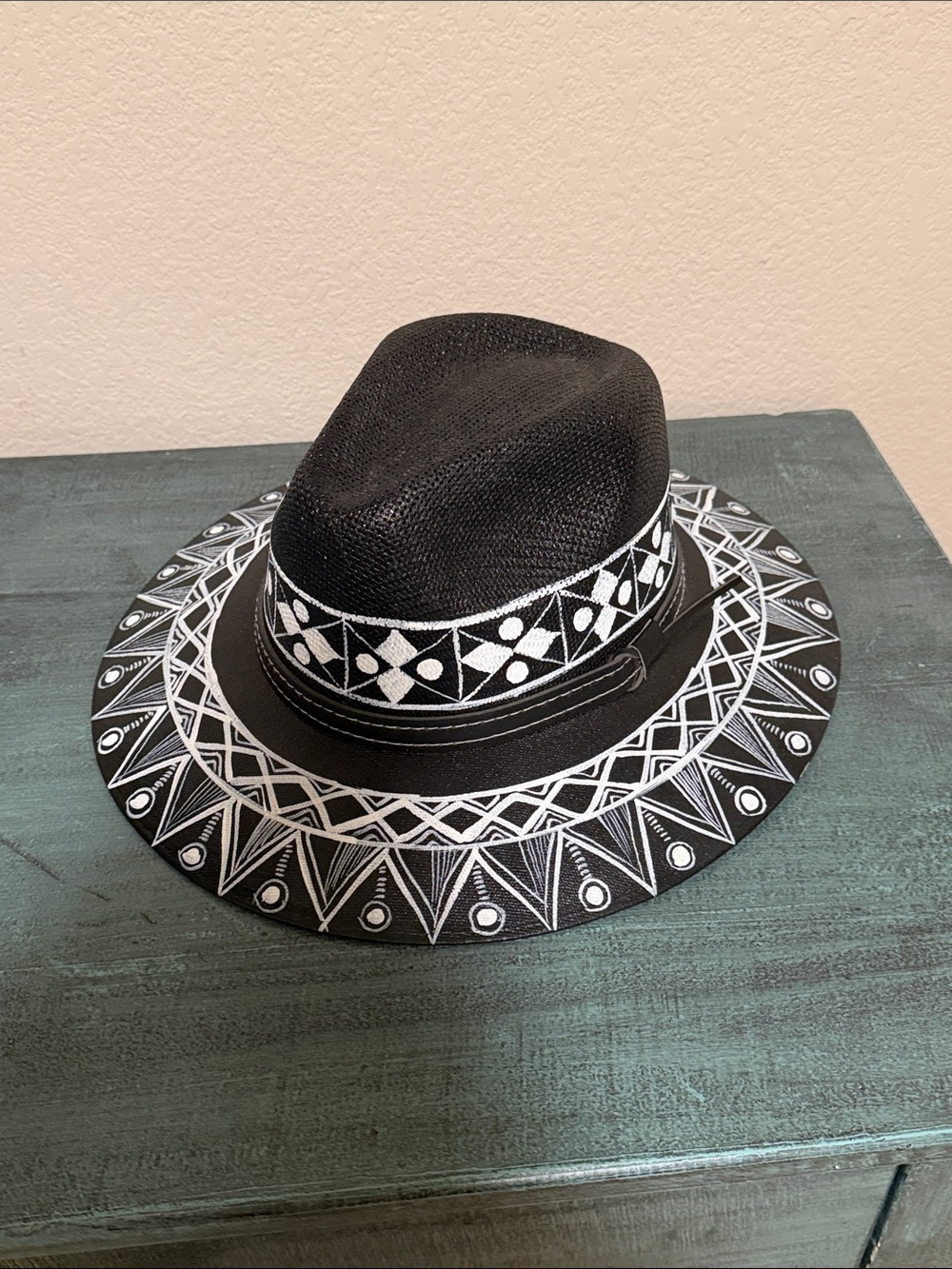 Mexican Black Wide Brim hat with White Geometric Trim.